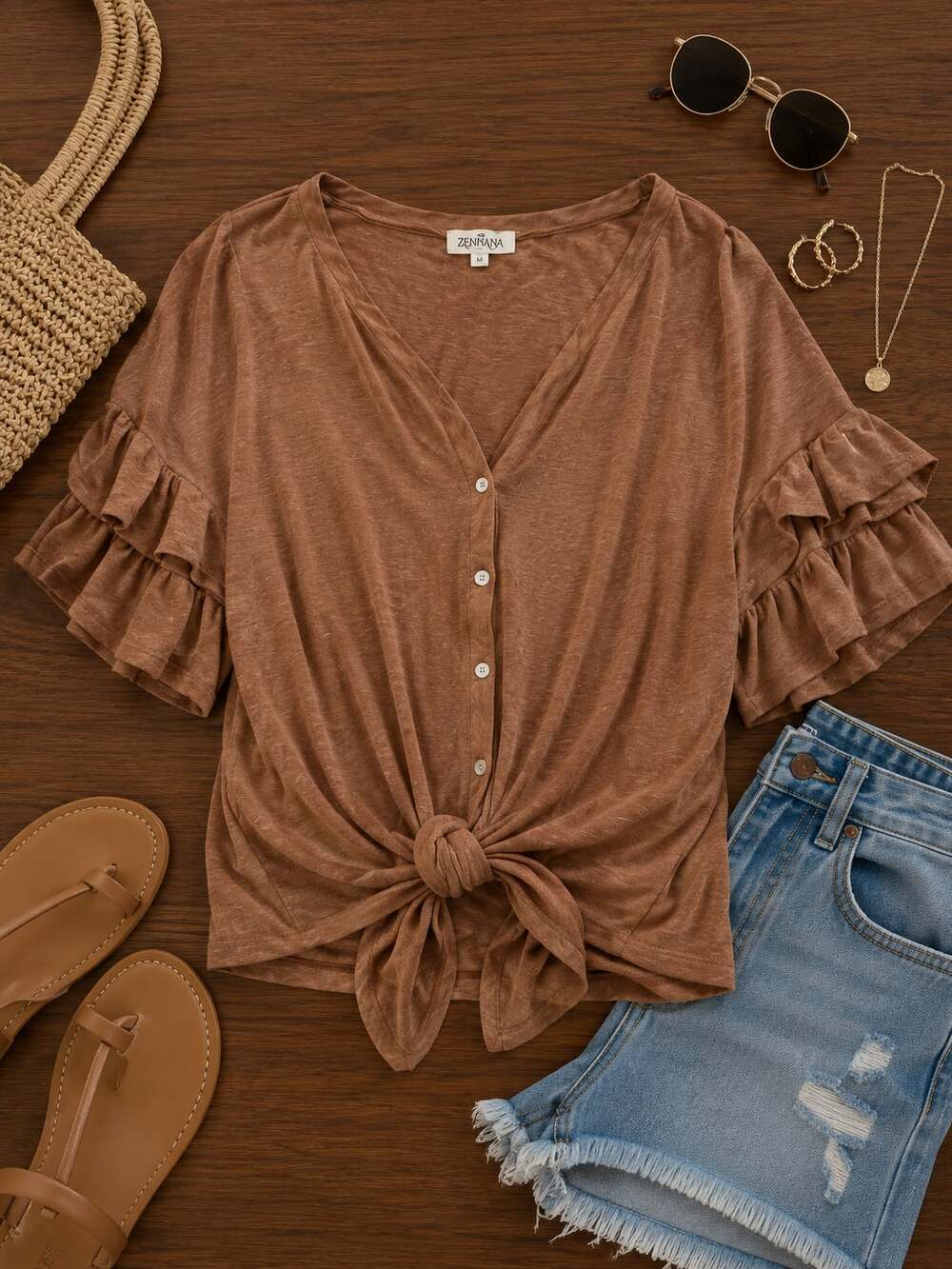 Listicle Brown Knotted Front Cardigan Top